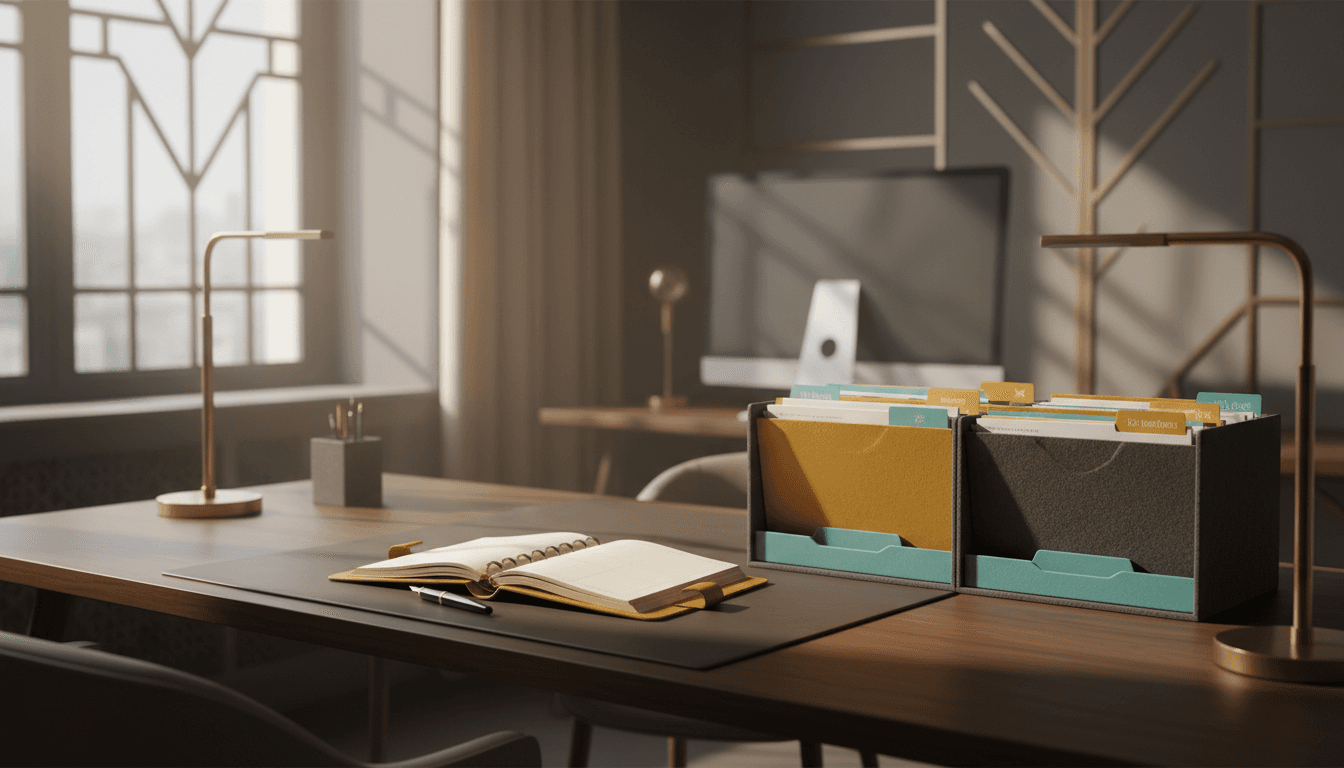 Organized desk with planner, pen, and filing system in Art Deco style workspace