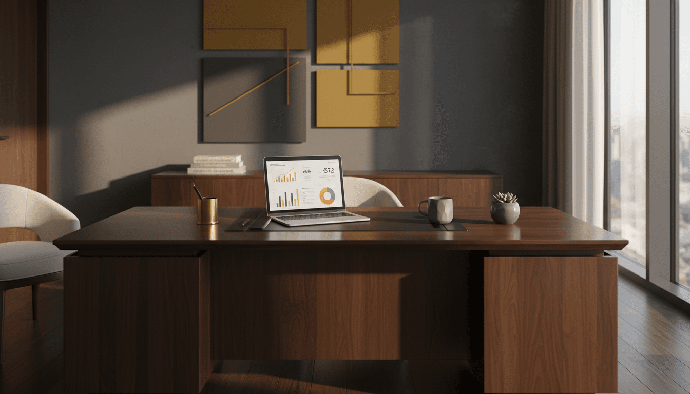 Modern executive workspace with natural lighting and business dashboard on laptop