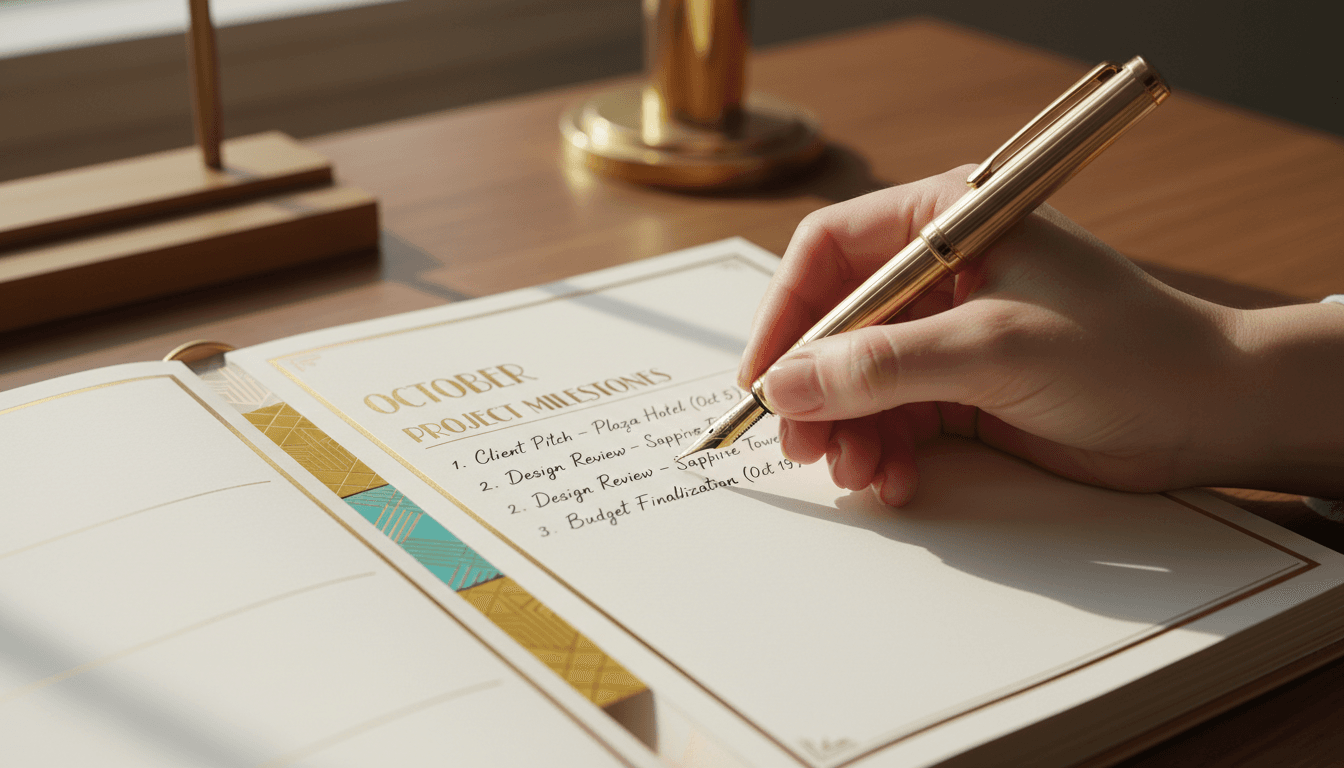 Close-up of hand writing in a premium planner with gold accents