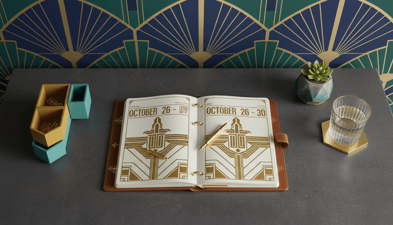 Art Deco workspace with planner and premium desk accessories